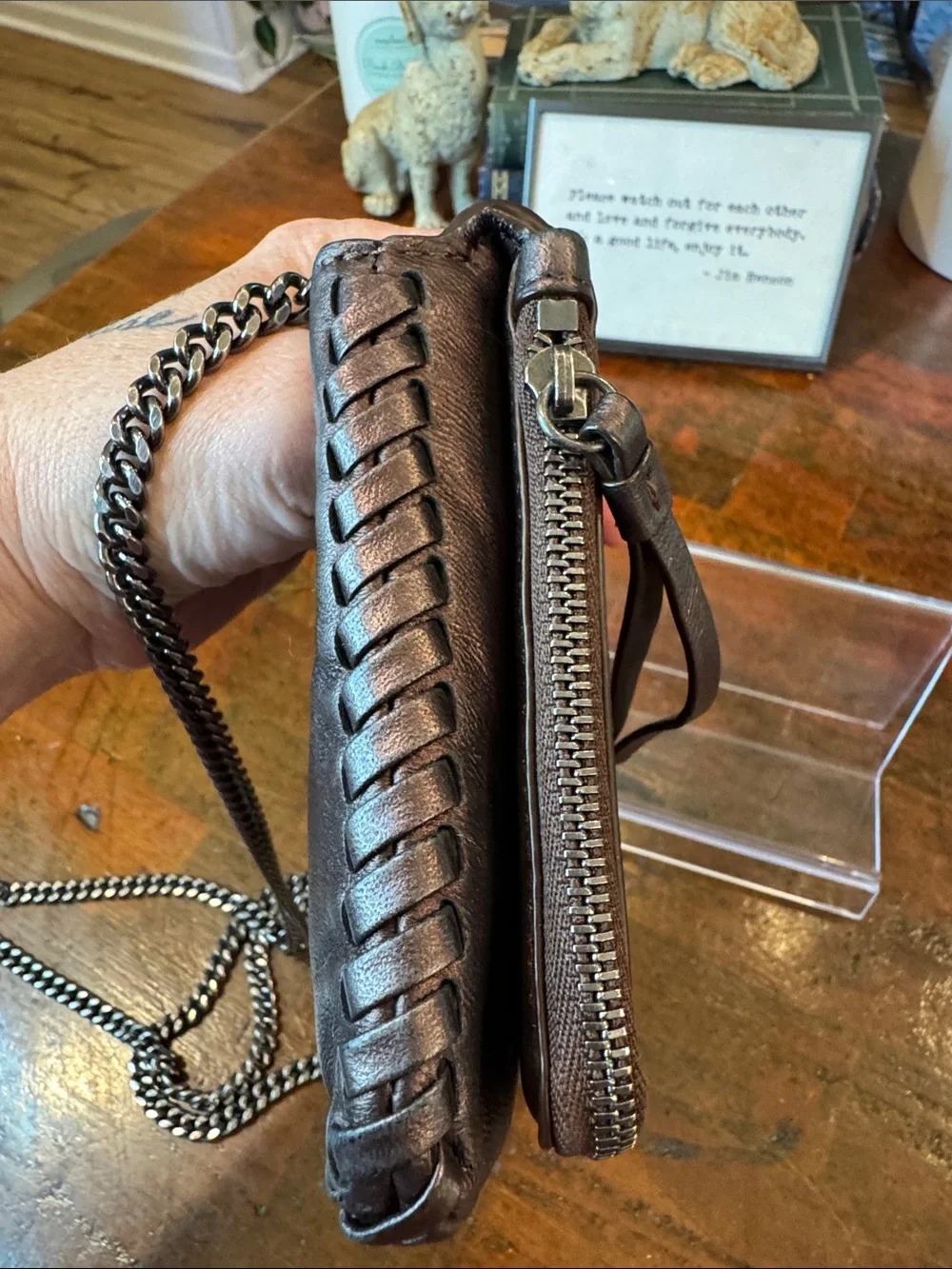 AllSaints Bronze Leather Crossbody Bag with Gunmetal Chain